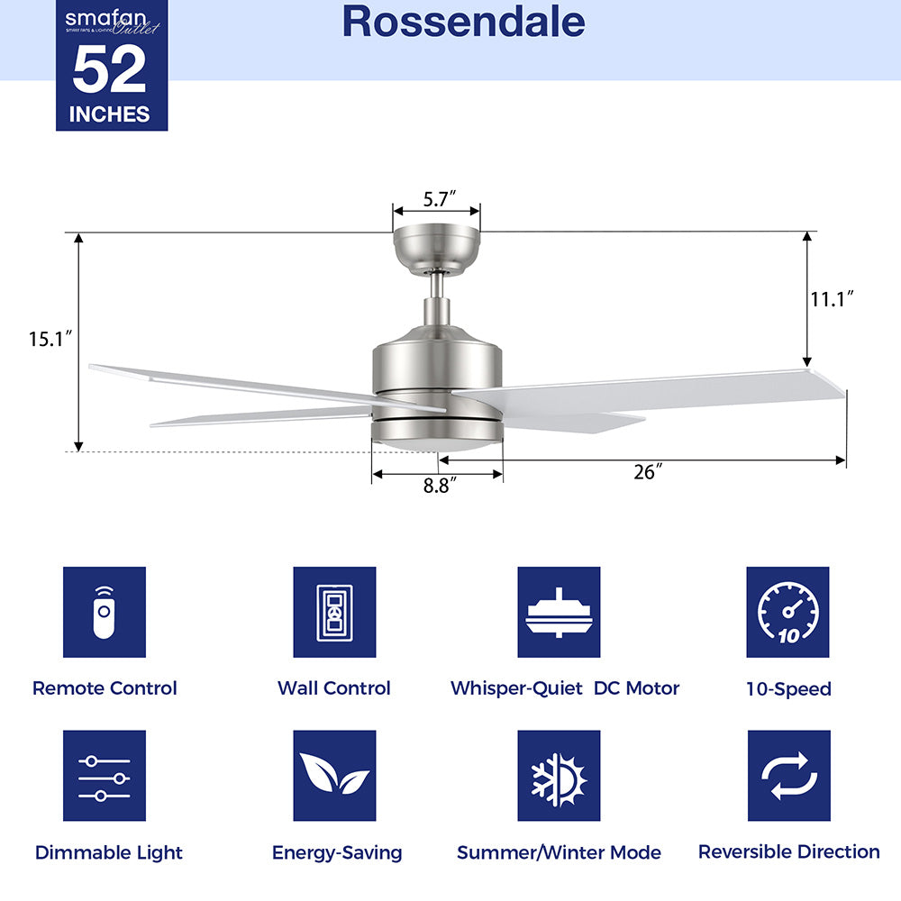 A product image of the CARRO Smafan Rossendale 52-inch ceiling fan in silver, displayed on a clean white background. The diagram highlights key measurements—52" length, 11.1" height, 26" blade span—and showcases smart features with icons: Remote & Wall Control, Whisper-Quiet DC Motor, 10 Speeds, Dimmable LED, Energy Saving, Reversible Direction, and Summer/Winter Mode. Sleek design meets modern convenience.