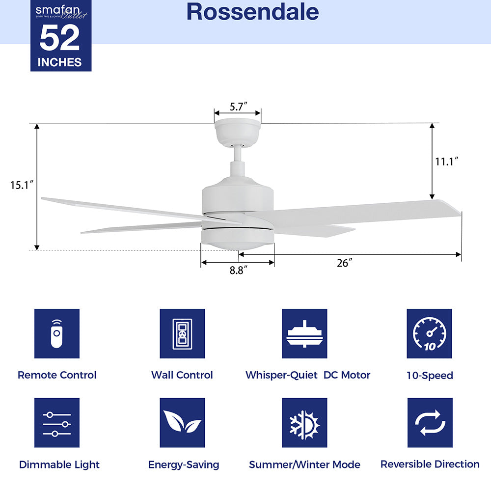 A product image of the CARRO Smafan Rossendale 52-inch ceiling fan in white, displayed on a clean white background. The diagram highlights key measurements—52" length, 11.1" height, 26" blade span—and showcases smart features with icons: Remote & Wall Control, Whisper-Quiet DC Motor, 10 Speeds, Dimmable LED, Energy Saving, Reversible Direction, and Summer/Winter Mode. Sleek design meets modern convenience.