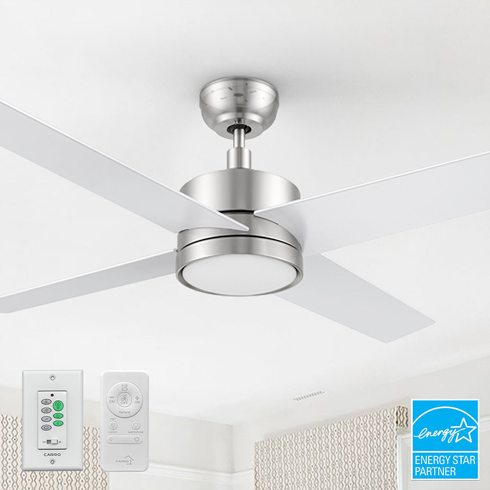 Carro Smafan Rossendale 52-inch ceiling fan in silver with four sleek blades, integrated LED light, and included remote and wall switch for convenient control.