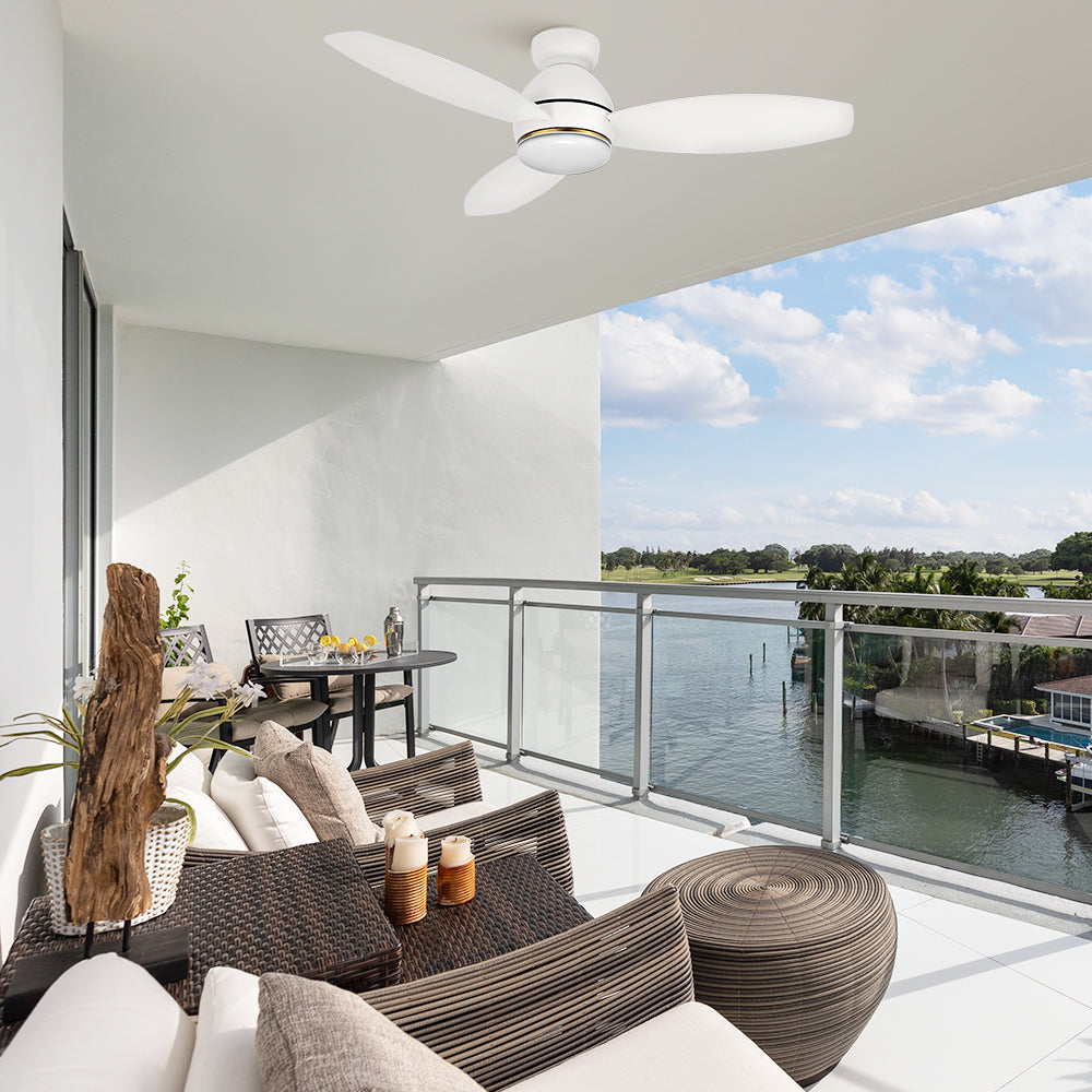 Add a touch of style to your outdoor living space with this low-profile outdoor ceiling fan in white color, featuring reversible blades and dimmable light.
