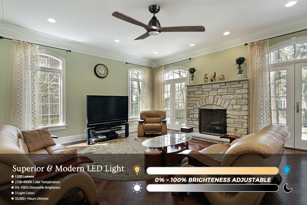 Modern living room with a Carro Smafan Sawyer2 smart ceiling fan with LED light, featuring a black finish and solid wood blades. The integrated LED light offers 1500 lumens, adjustable color temperature from 2700K to 4000K, and 0%-100% dimmable brightness for customizable lighting.