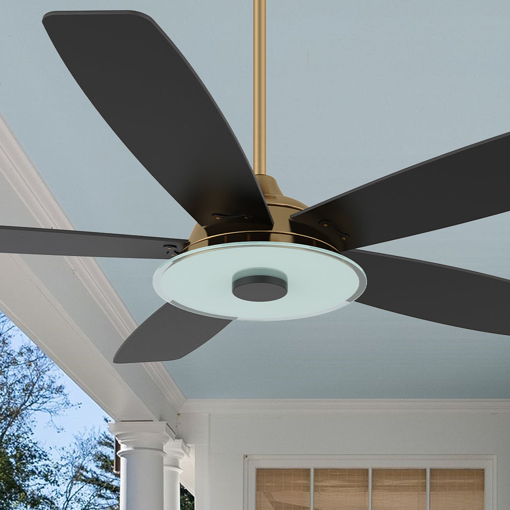 Carro Striker 52inch outdoor smart ceiling fan with LED light kit, gold base with black blades.