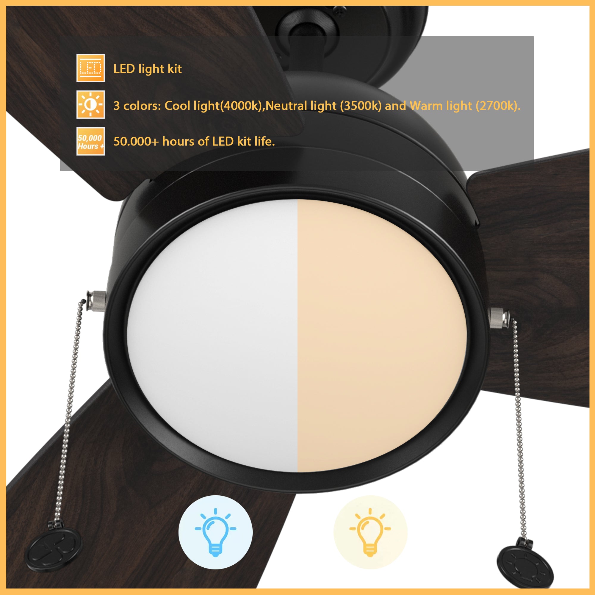 Illuminating elegance. Stylish lighting fixture integrated into the Carro Tesoro pull-chain ceiling fan. Provides a warm and inviting glow to any room.