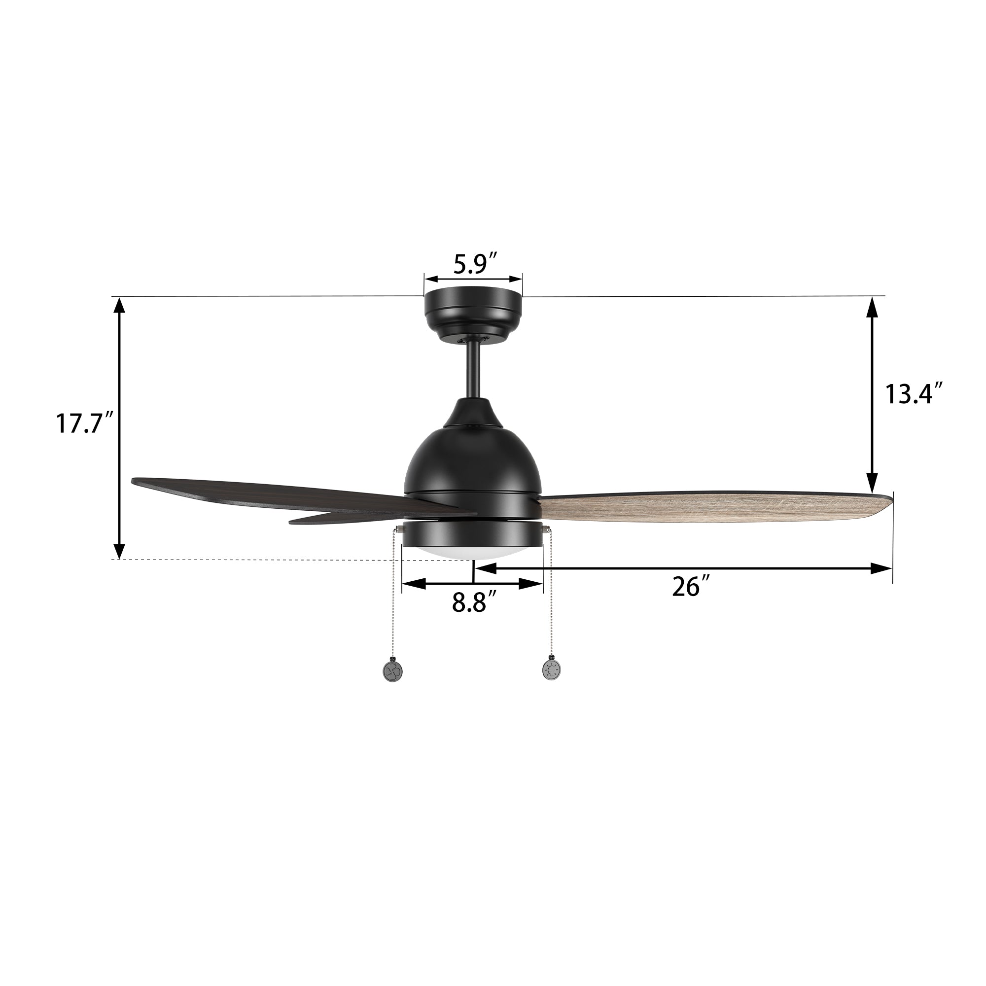 Detail size of Carro flush mount Tesoro 52 inch pull chain ceiling fan with light, indoor use only.