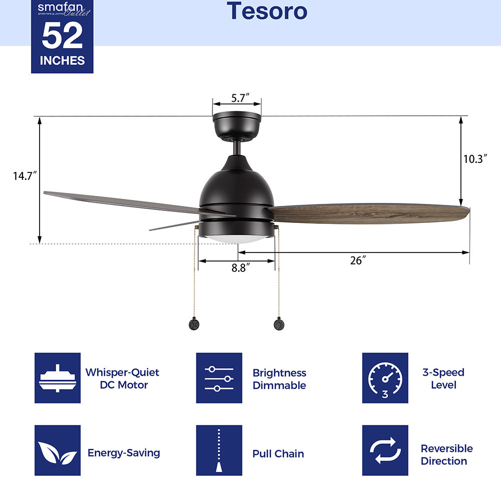Detail size of Carro flush mount Tesoro 52 inch pull chain ceiling fan with light, indoor use only.