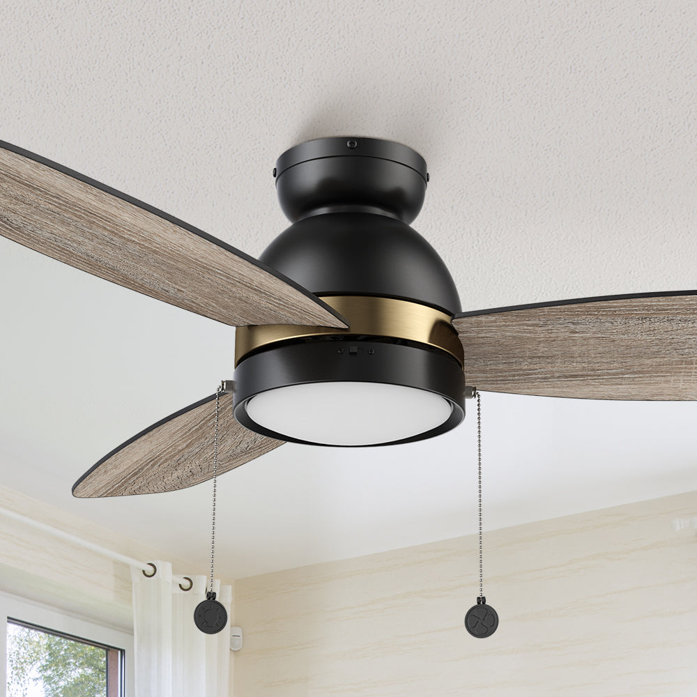 Smafan Carro Troyes 48 inch ceiling fan with pull chain design with a Black finish, Plywood blades, and an integrated 4000K LED cool light.