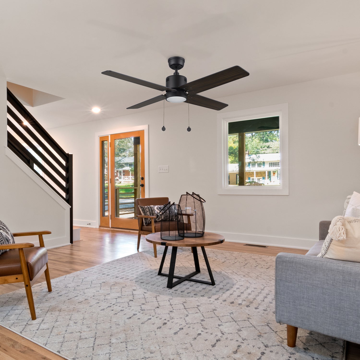 Front view of the Carro Smafan Rowan 52 inch modern ceiling fan with 4 black plywood blades and integrated LED light.