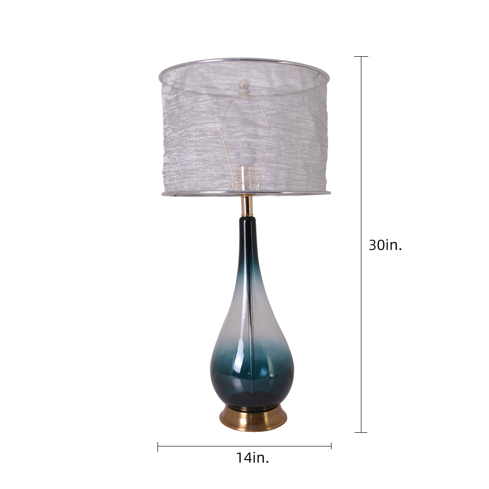 A technical diagram of a Carro Smafan 30-inch Tulip Big table lamp with a Dark Green Ombre finish and Translucent Silver shade, showing dimensions of 30 inches in height and 14 inches in width. The lamp&
