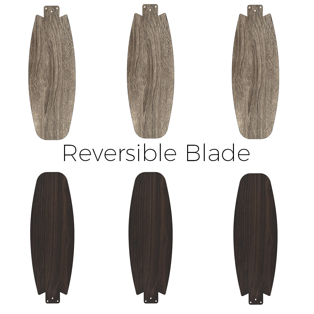 Ceiling fan with 3 dual-design plywood blades in dark wood/light wood color.