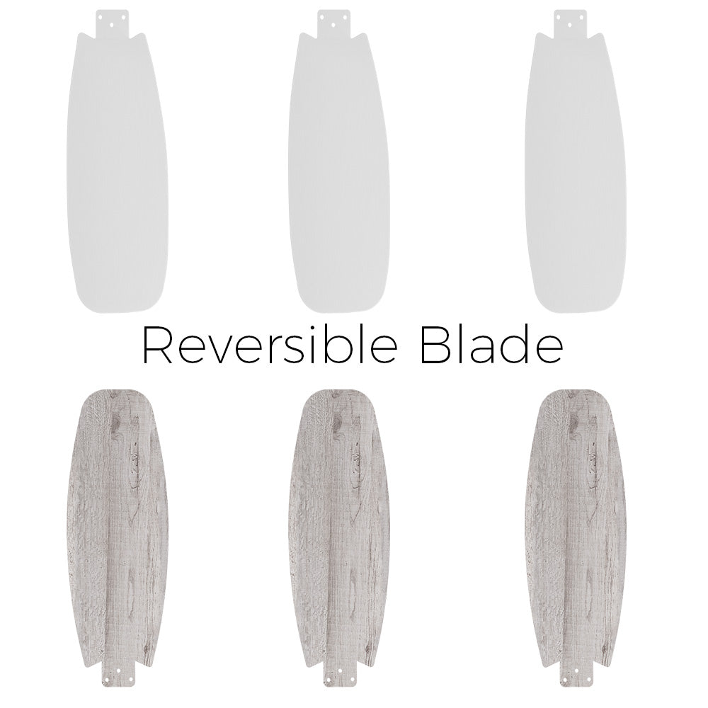 Ceiling fan with 3 dual-design plywood blades in white/light wood.