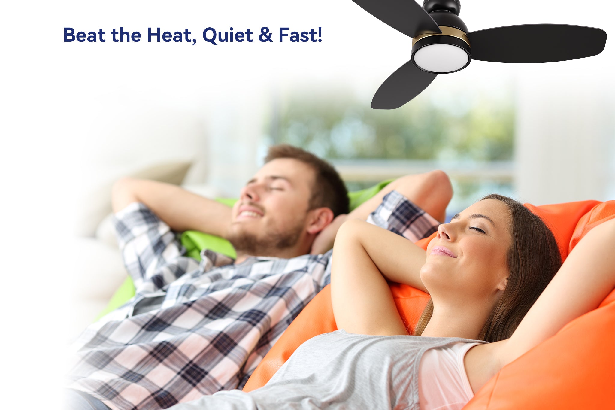 Couple relaxing under the Carro Smafan Biscay 48-inch smart flush mount ceiling fan with DC motor, promoted as quiet and fast for cooling.