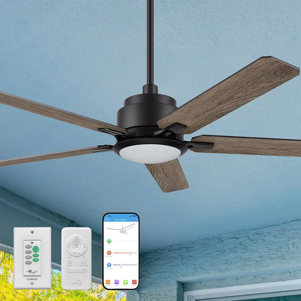 Carro Smafan Essex2 52-inch smart ceiling fan in matte black finish with wood-style blades and integrated LED light, mounted on a white ceiling indoors. Below the fan, compatible control options are shown: a wall switch, handheld remote, and smartphone app interface displaying fan speed and light settings.