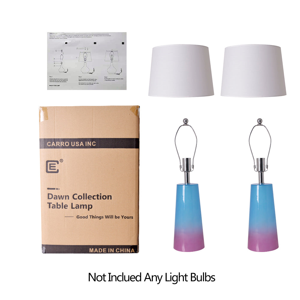 Unassembled Carro Smafan Rosemary table lamp set showing two lamps with ombre bases, lamp harps, white lampshades, and product packaging. Text notes bulbs not included.