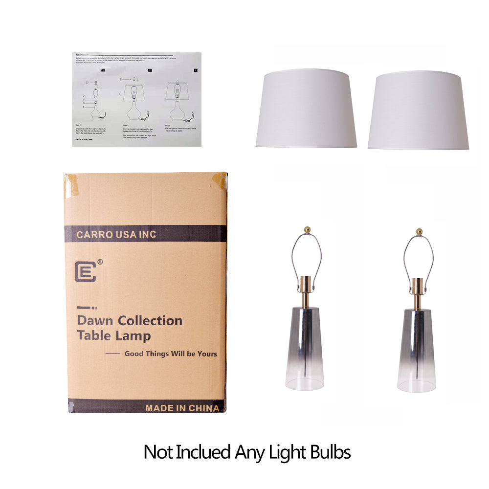 A Carro Smafan Rosemary Table Lamp, 25 inches tall, with a Chrome Grey Ombre finish, shown alongside its packaging box labeled "Dover Collection Table Lamp." The lamp&