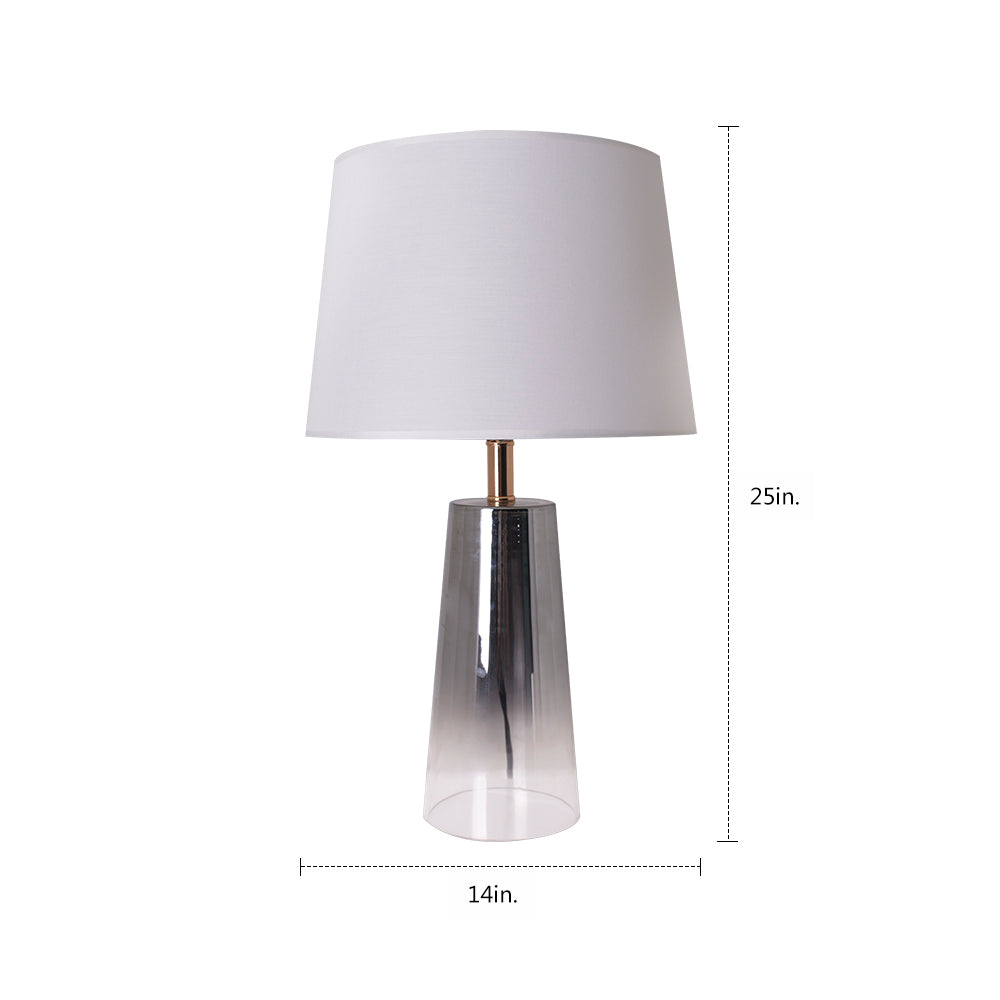 A technical diagram of a Carro Smafan Rosemary Table Lamp with a Chrome Grey Ombre finish and white shade, showing dimensions of 25 inches in height and 14 inches in width. The lamp&