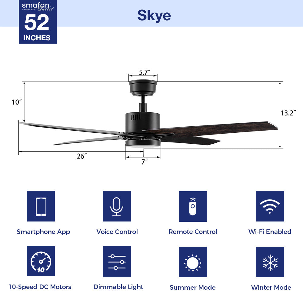 Carro Smafan Skye 52-inch ceiling fan with a quiet 10-speed DC motor, smart remote, Wi-Fi app, and voice control compatibility. A stylish black ceiling fan with LED light for modern and smart homes.