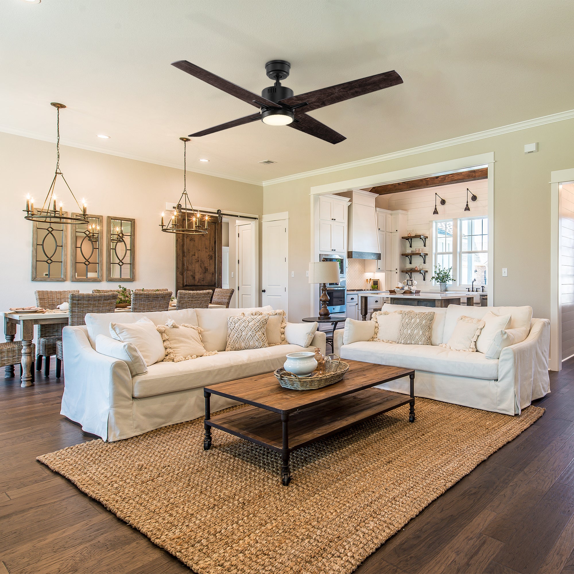 Carro Smafan Skye 52-inch smart ceiling fan with dimmable LED light in a farmhouse-style living room. A rustic plywood-blade ceiling fan with remote and smart control features for modern farmhouse interiors.