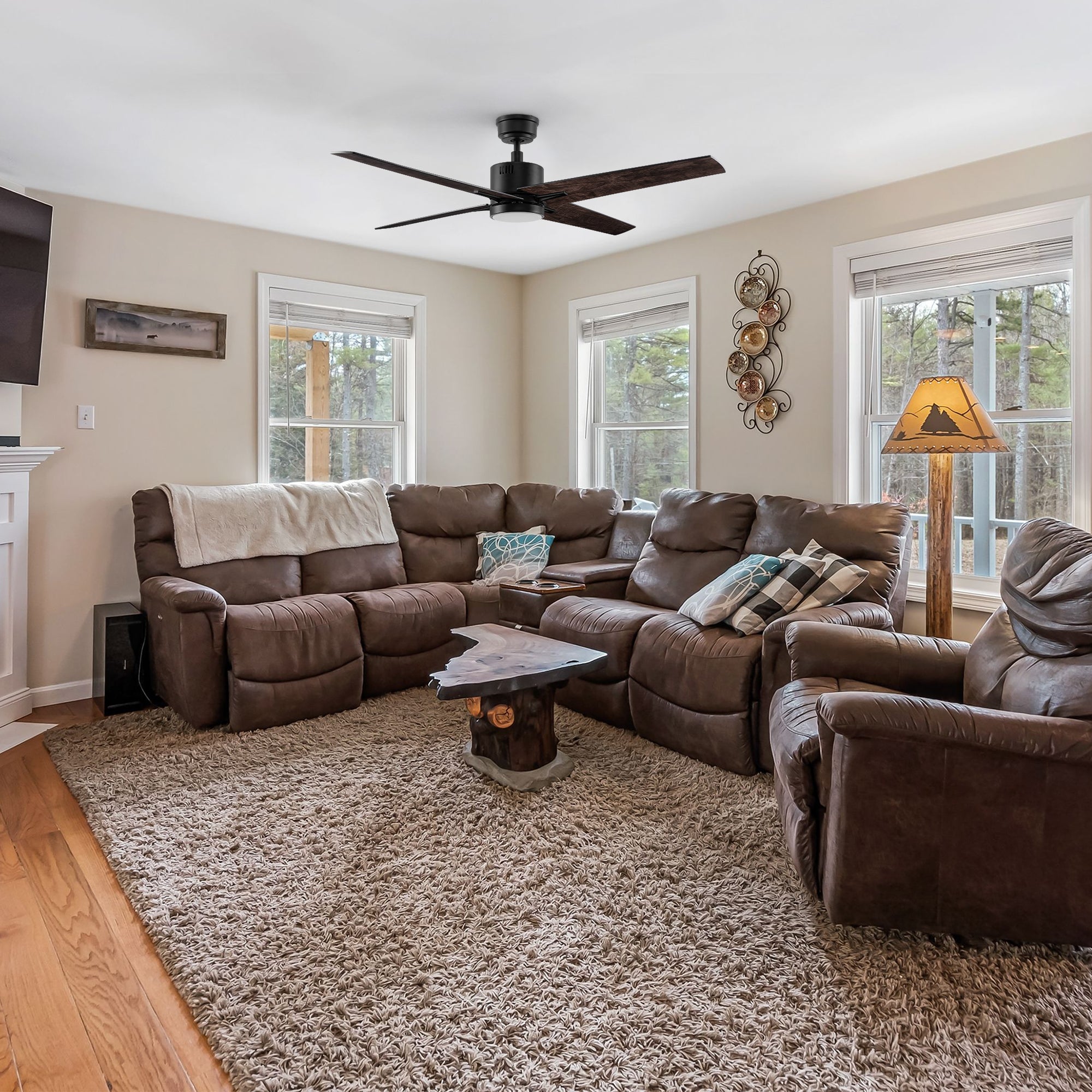 Carro Smafan Skye 52-inch ceiling fan with reversible wood blades and integrated LED light in a traditional living room.
