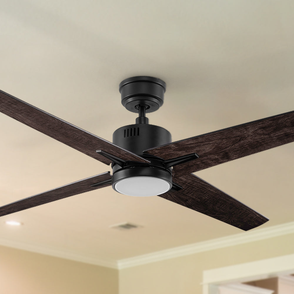 Carro Smafan Skye 52-inch ceiling fan with detailed dimensions. A black ceiling fan with plywood blades, LED lighting, and a flush mount design, perfect for low ceilings in modern and farmhouse-style homes.