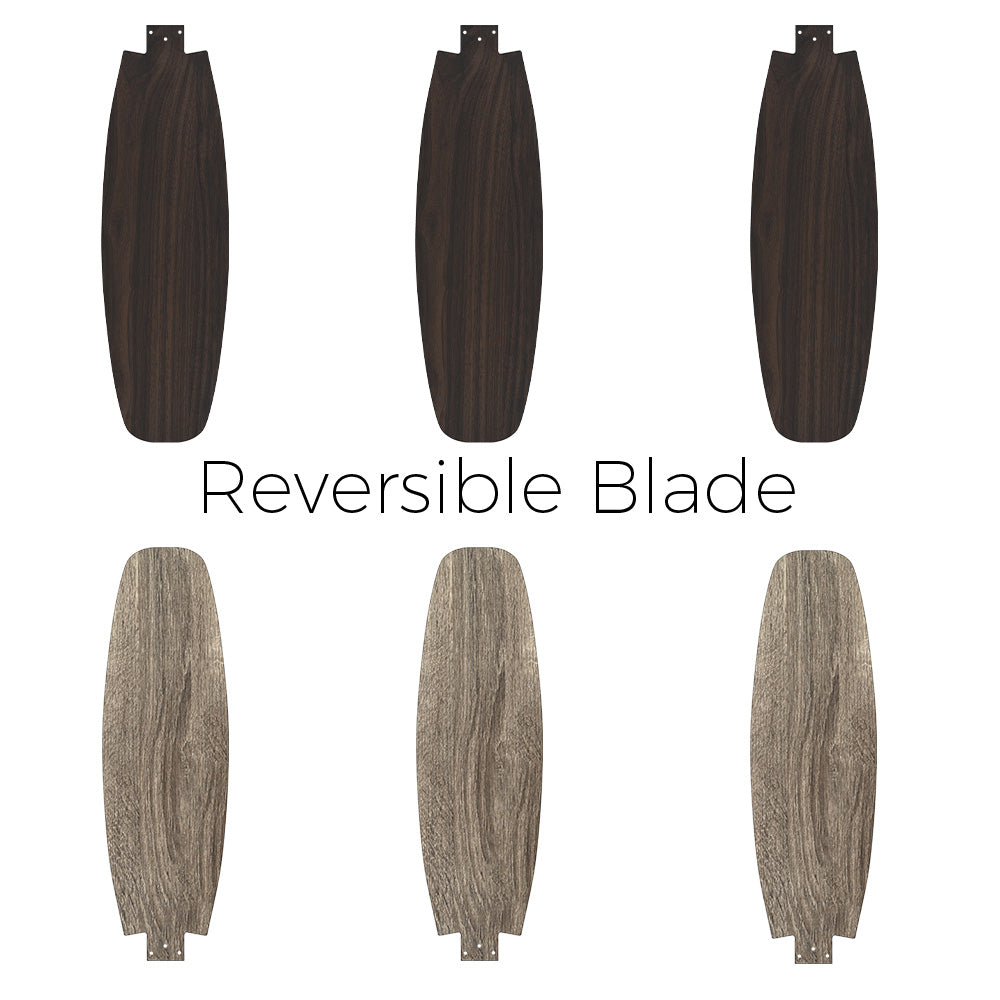 Ceiling fan with 3 dual-design plywood blades in dark wood/light wood color.