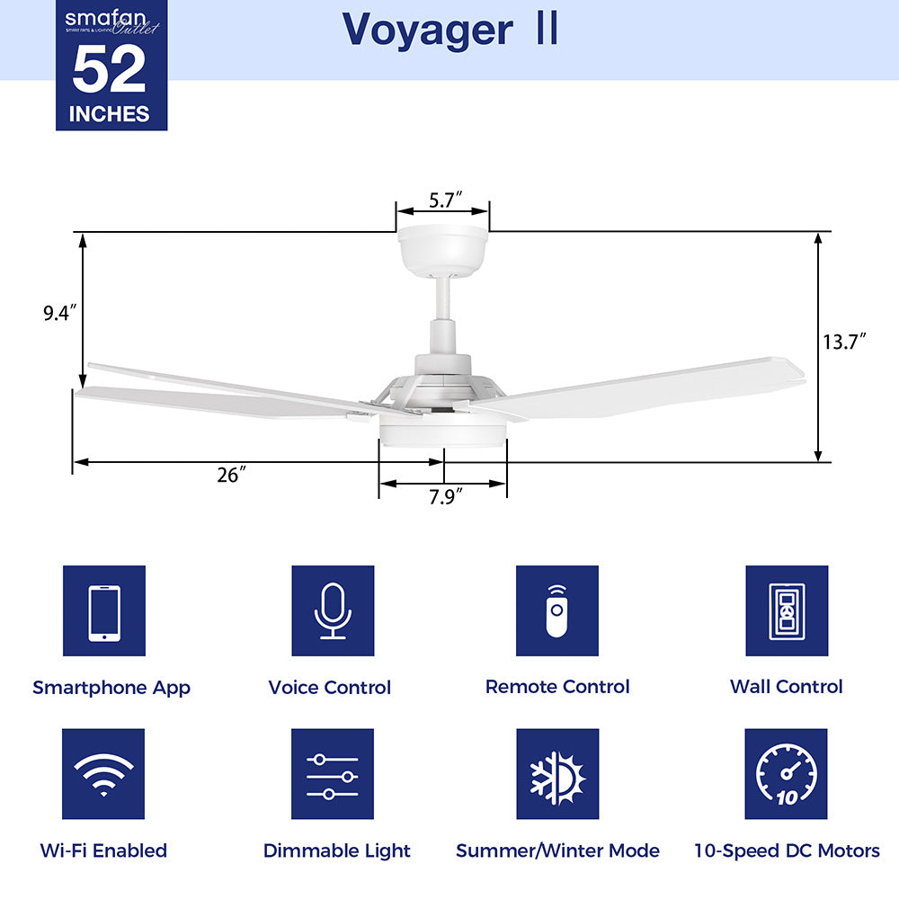 Carro Smafan Voyager2 52-inch Outdoor Smart Ceiling Fan with light, featuring white blades, shown against a white background for efficient airflow and cooling. The ceiling fan includes a Carro white wall switch, a handheld remote, 10-speed reversible DC motor and a smartphone displaying a control app, highlighting smart operation for customizable lighting and cooling in indoor or outdoor settings.
