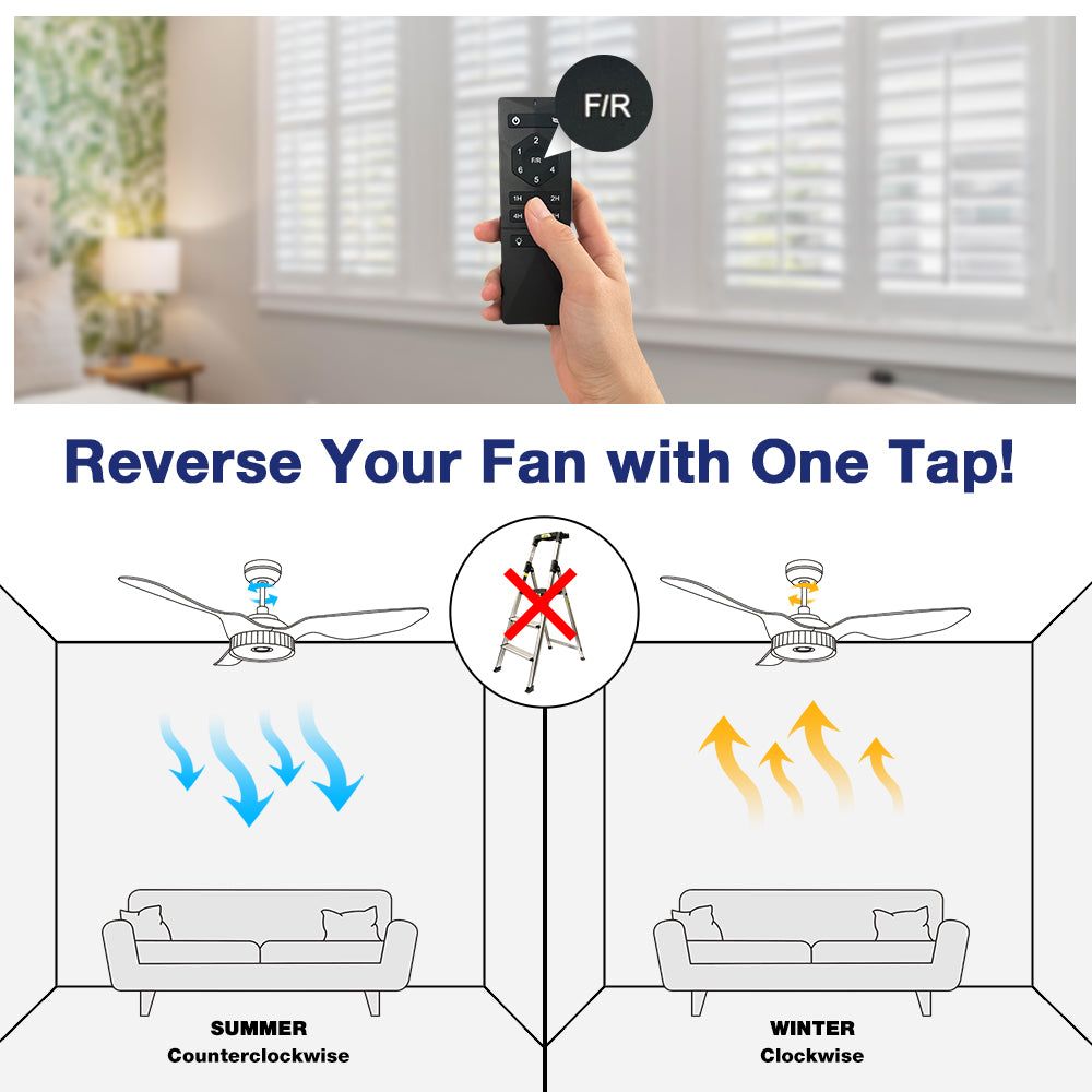 Diagram showing how to reverse a Carro Smafan ceiling fan direction with one tap using black remote. The graphic illustrates summer mode (counterclockwise airflow for cooling) and winter mode (clockwise airflow for warmth), eliminating the need for a ladder.