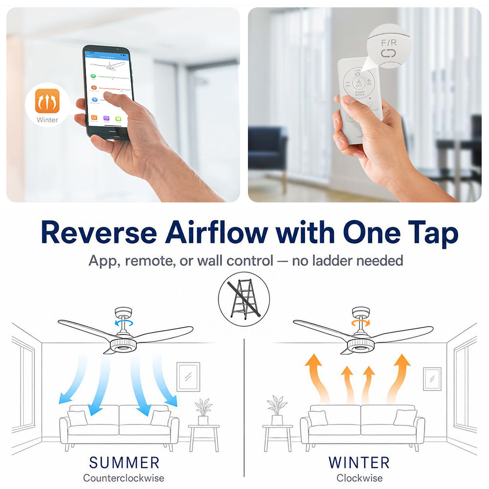 Smart ceiling fan with light and remote, featuring summer and winter mode. Illustration shows counterclockwise airflow for cooling in summer and clockwise airflow for warmth in winter, with easy reverse function via app, remote.