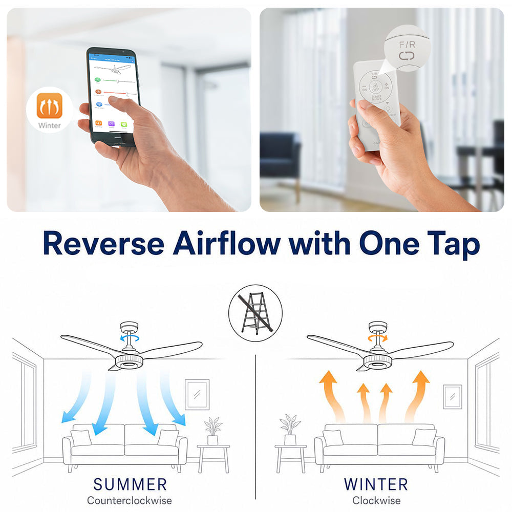 Smart ceiling fan with light and remote, featuring summer and winter mode. Illustration shows counterclockwise airflow for cooling in summer and clockwise airflow for warmth in winter, with easy reverse function via app, remote.