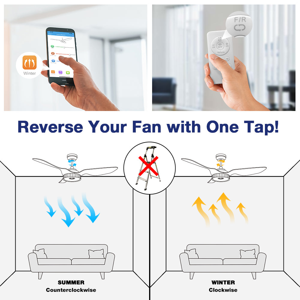 Smart ceiling fan without light, featuring summer and winter mode. Illustration shows counterclockwise airflow for cooling in summer and clockwise airflow for warmth in winter, with easy reverse function via app, remote.