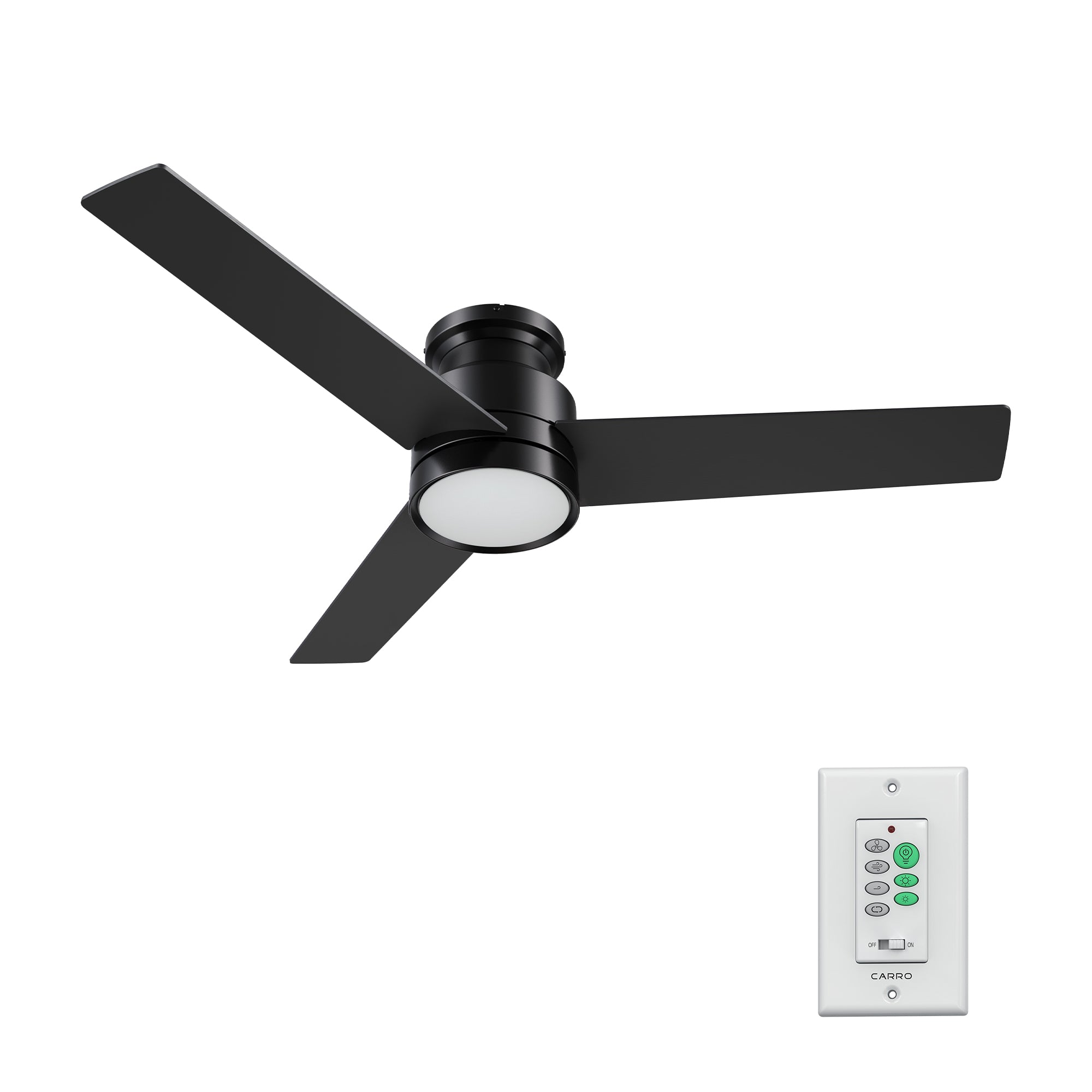 Low profile ceiling fan in black with wall switch control allows you to operate remotely to turn the fan on and off, change the light, adjust the 10-speed choice, reversible direction etc.