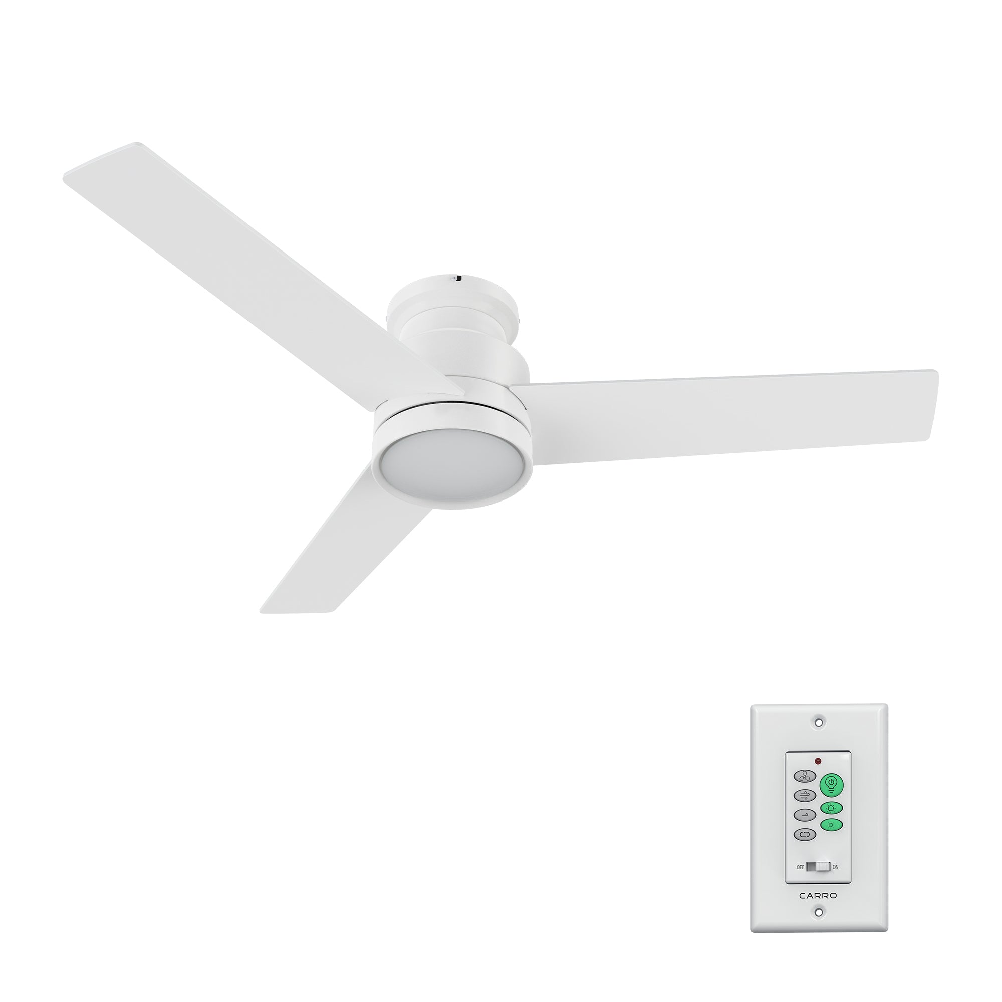 Low profile ceiling fan in white with wall switch control and 3 blades.