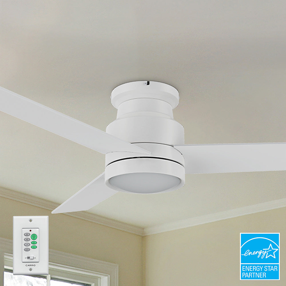 52-inch white flush mount ceiling fan with dimmable LED light and wall switch control, is Energy Star Certified.