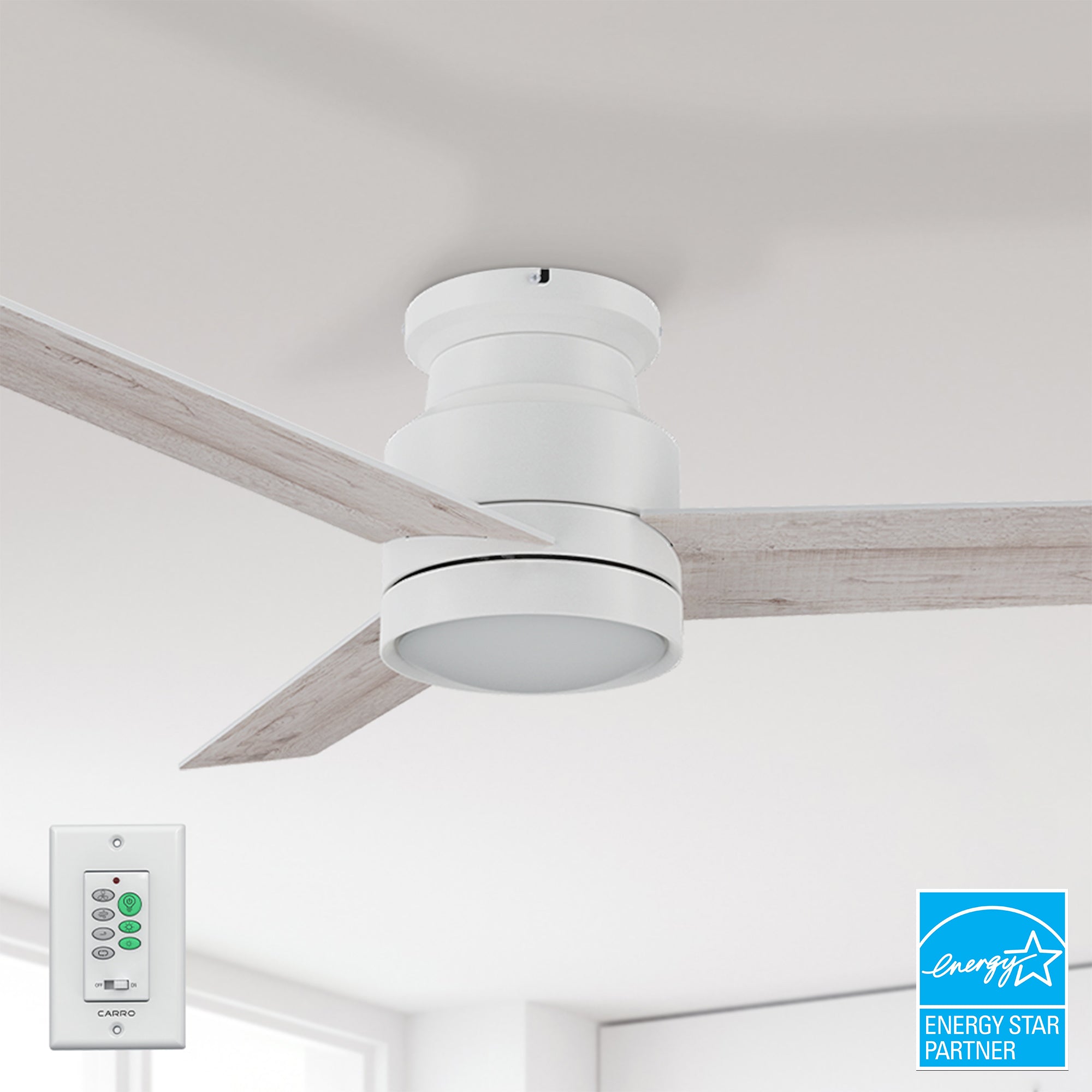 52-inch white flush mounting ceiling fan with dimmable LED light, reversible 3 baldes and wall switch control, is Energy Star Certified.