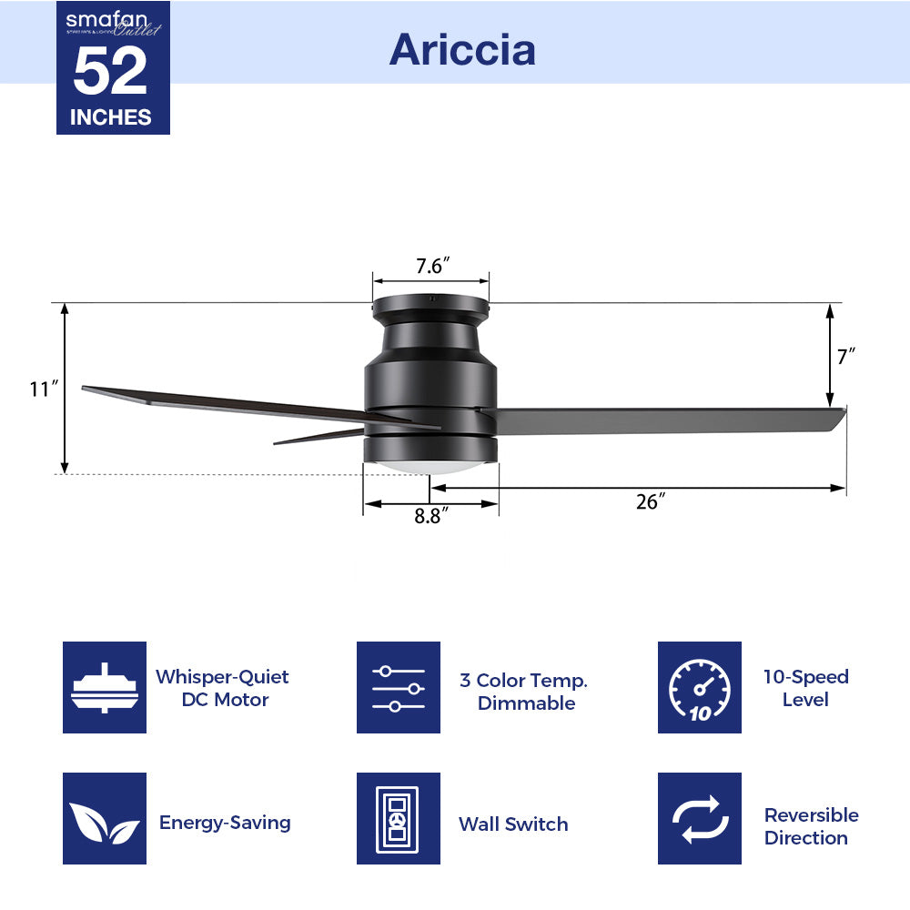 The dimension image of 52-inch flush mounting matte black ceiling fan with LED light and wall switch control.
