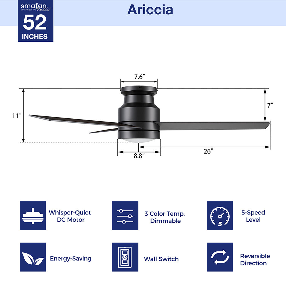 The dimension image of 52-inch flush mounting matte black ceiling fan with LED light and wall switch control.