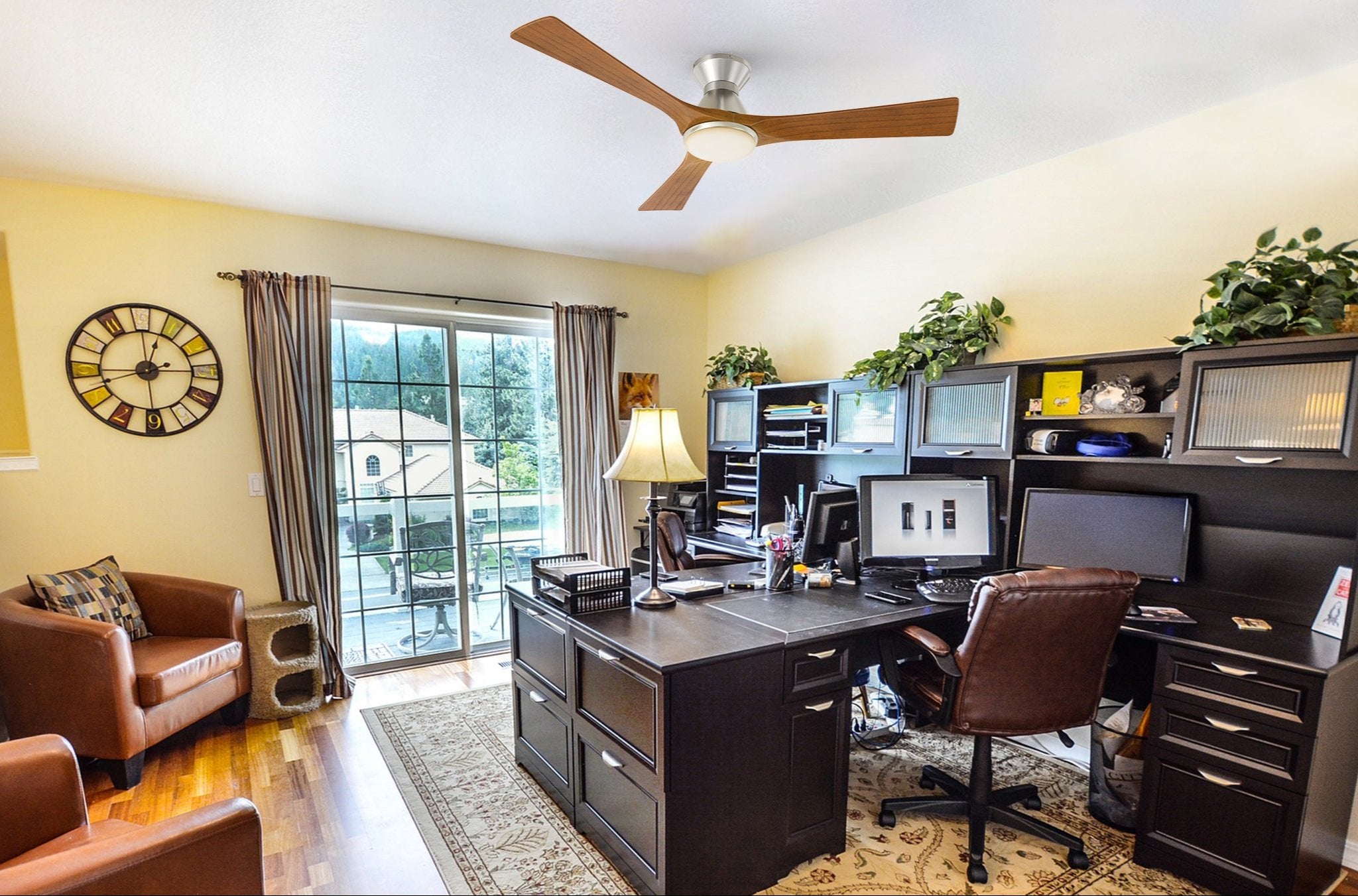 52-inch flush mounting silver ceiling fan with dark wood grain pattern blades, featuring with dimmable led light and remote, which is suitable for study room or office.