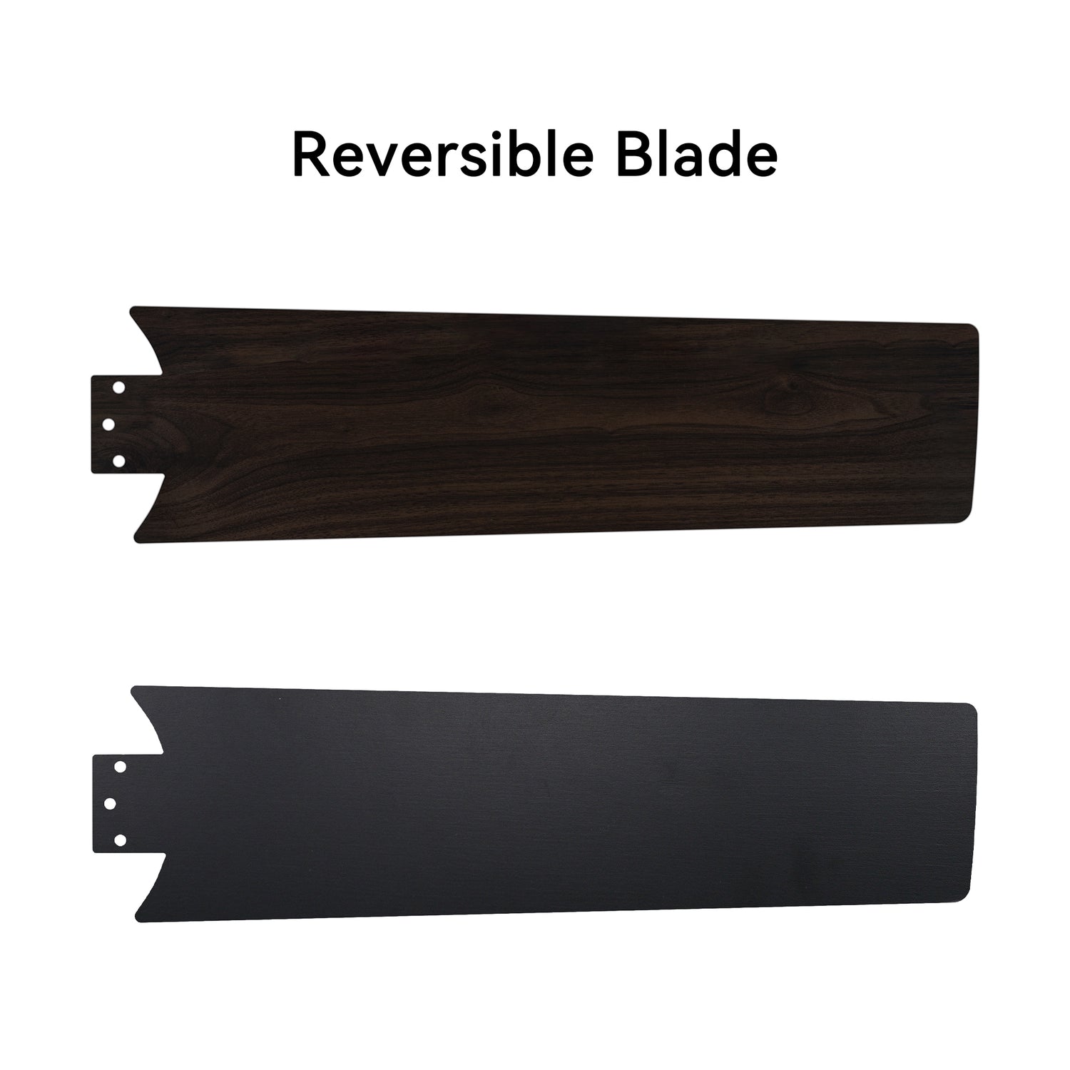 Ceiling fan blades with dual-side design. One side features a dark wood grain finish, and the other offers a smooth, solid black look. The text above highlights Reversible Blade ceiling fan blades.