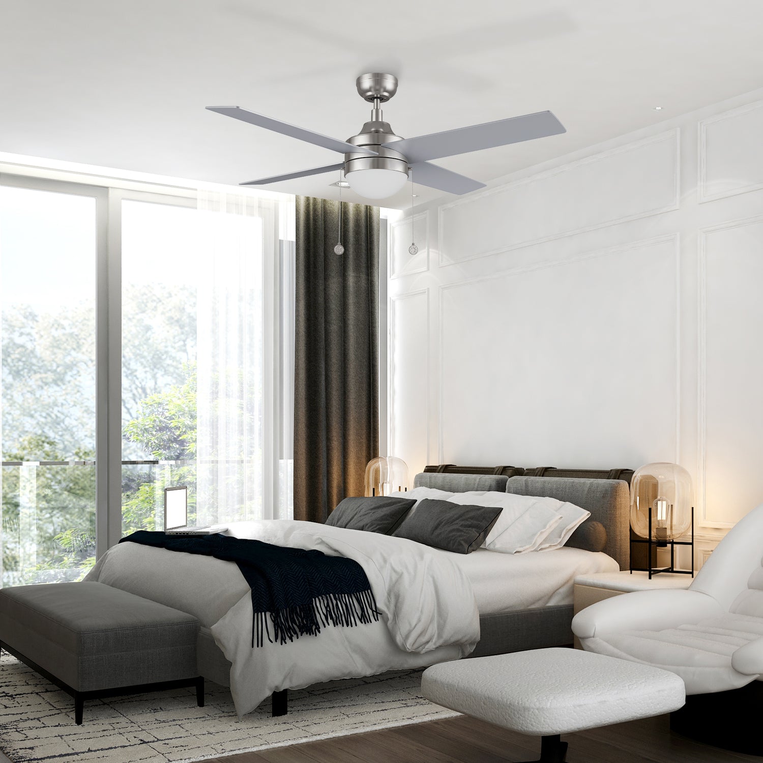 52 inch best modern ceiling fan with 1300 lumens LED light kit (Includes integrated LED light kit with warm light and cool light, it offers lower energy consumption and a longer life span), featuring with 5-speed reversible whisper quiet DC motor and downrod mount design in modern bedroom.