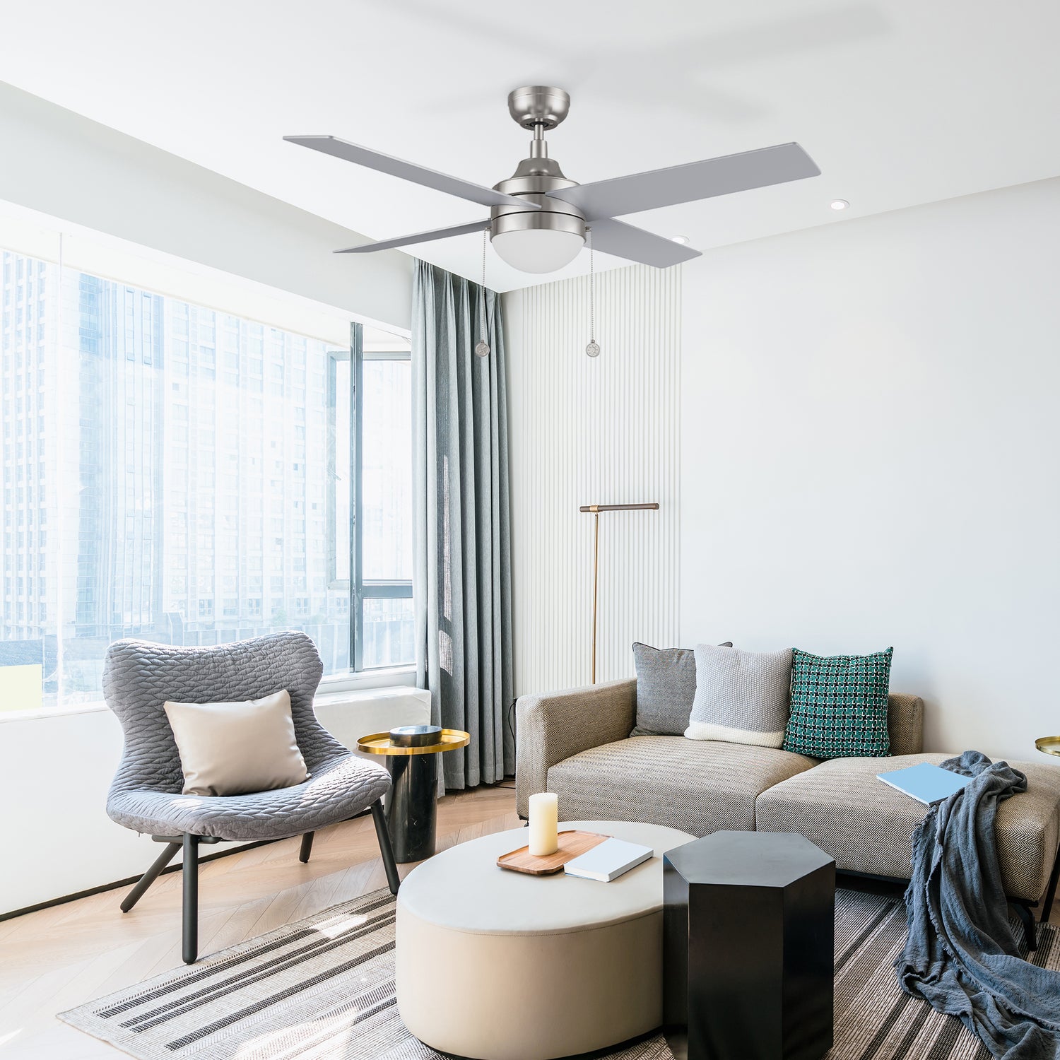 52 inch Modern ceiling fan with LED light and pull chain, featuring with 5-speed reversible quiet DC motor allows you to change the direction of your fan from downdraft mode during the summer to updraft mode during the winter in the living room.