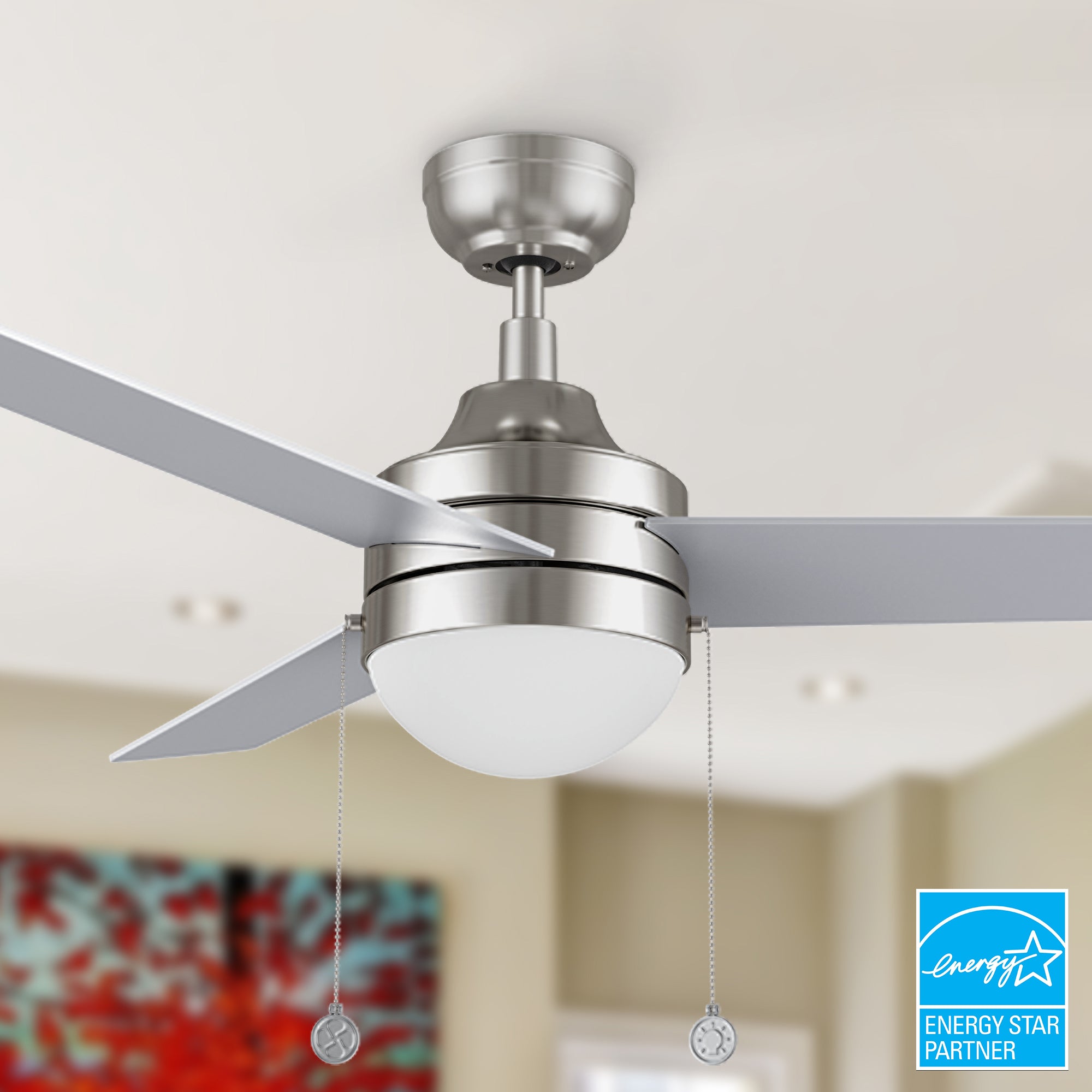 52 inch modern ceiling fan in silver with LED light, brushed nickel finished Fan Hub and pull chain, featuring with 5-speed dc quiet motor and an integrated 4000K LED cool light.