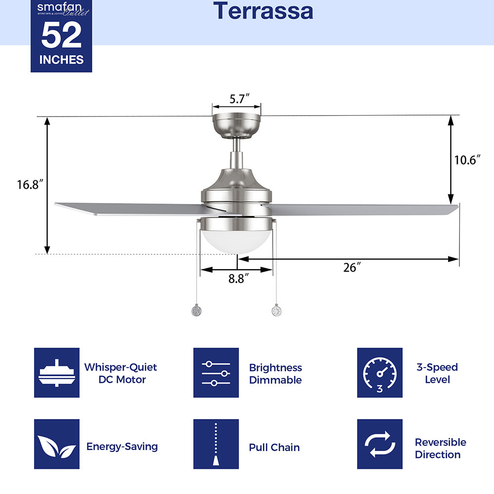 Provided 4960 CFM airflow, best energy star ceiling fan with downrod design and bright dimmable LED light, featuring with 5 speed DC motor and reversible direction control.