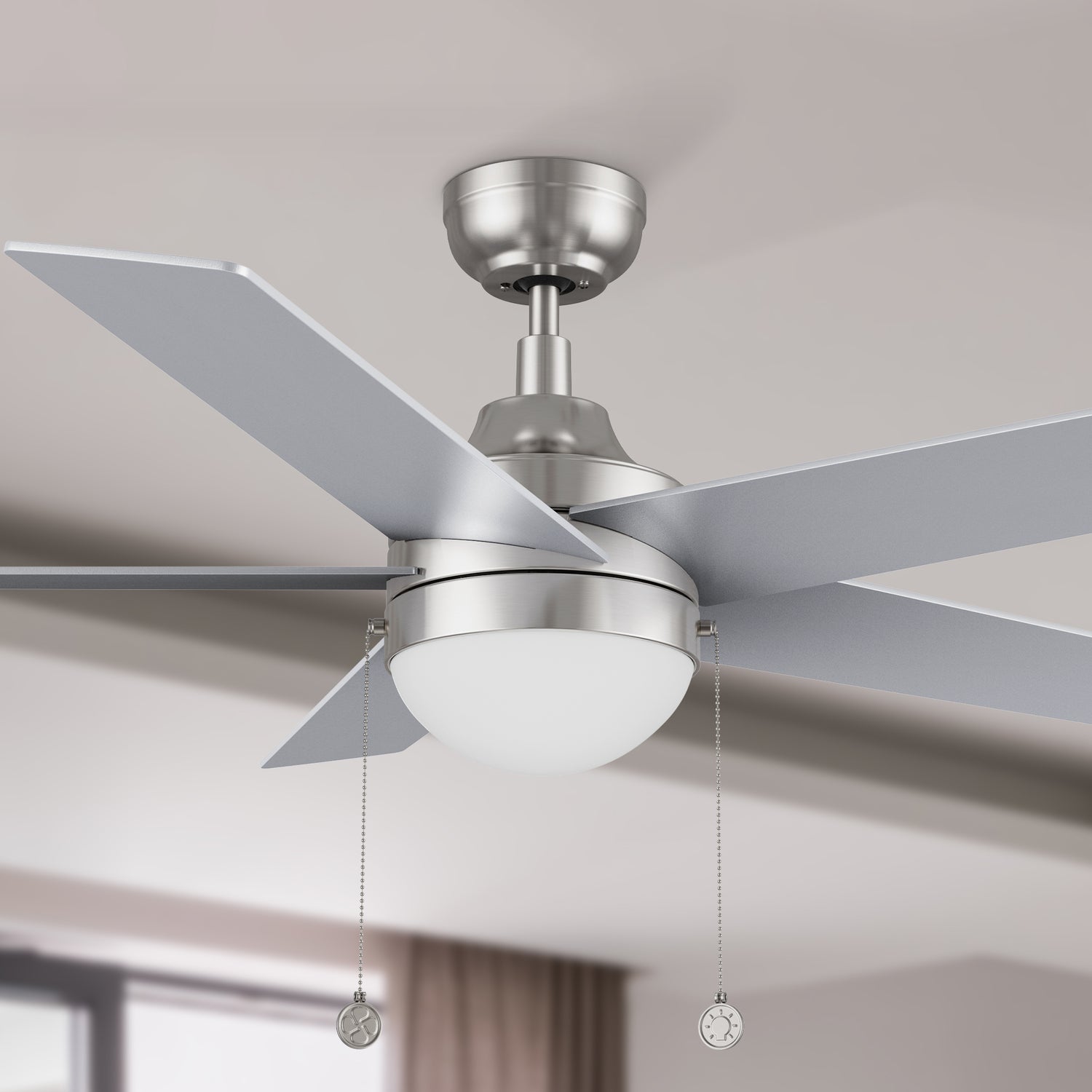 52 inch modern ceiling fan in silver with LED light and pull chain, featuring with 5-speed dc quiet motor and an integrated 4000K LED cool light.