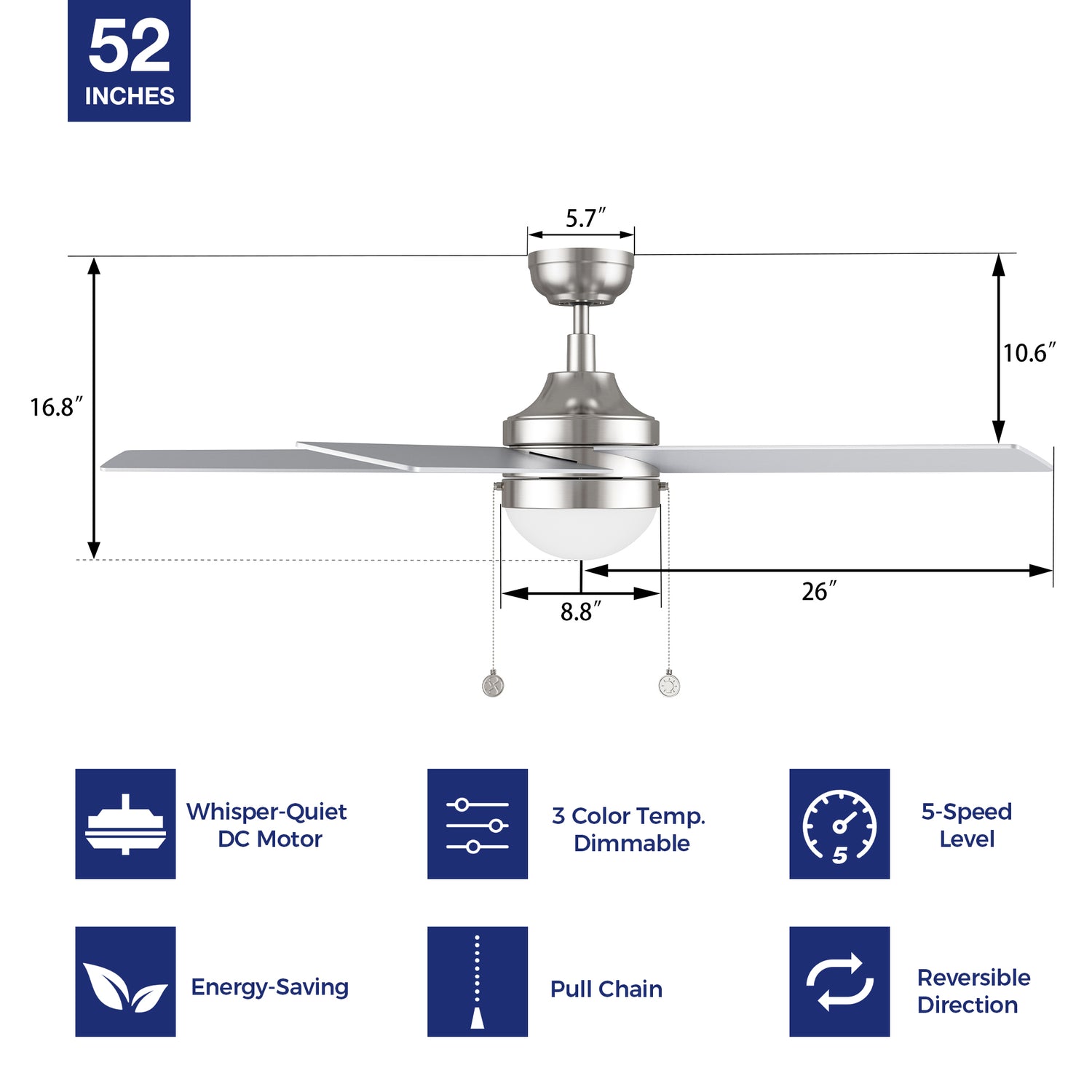 The dimension of 52 inch downrod mount ceiling fan with 5 blades. 