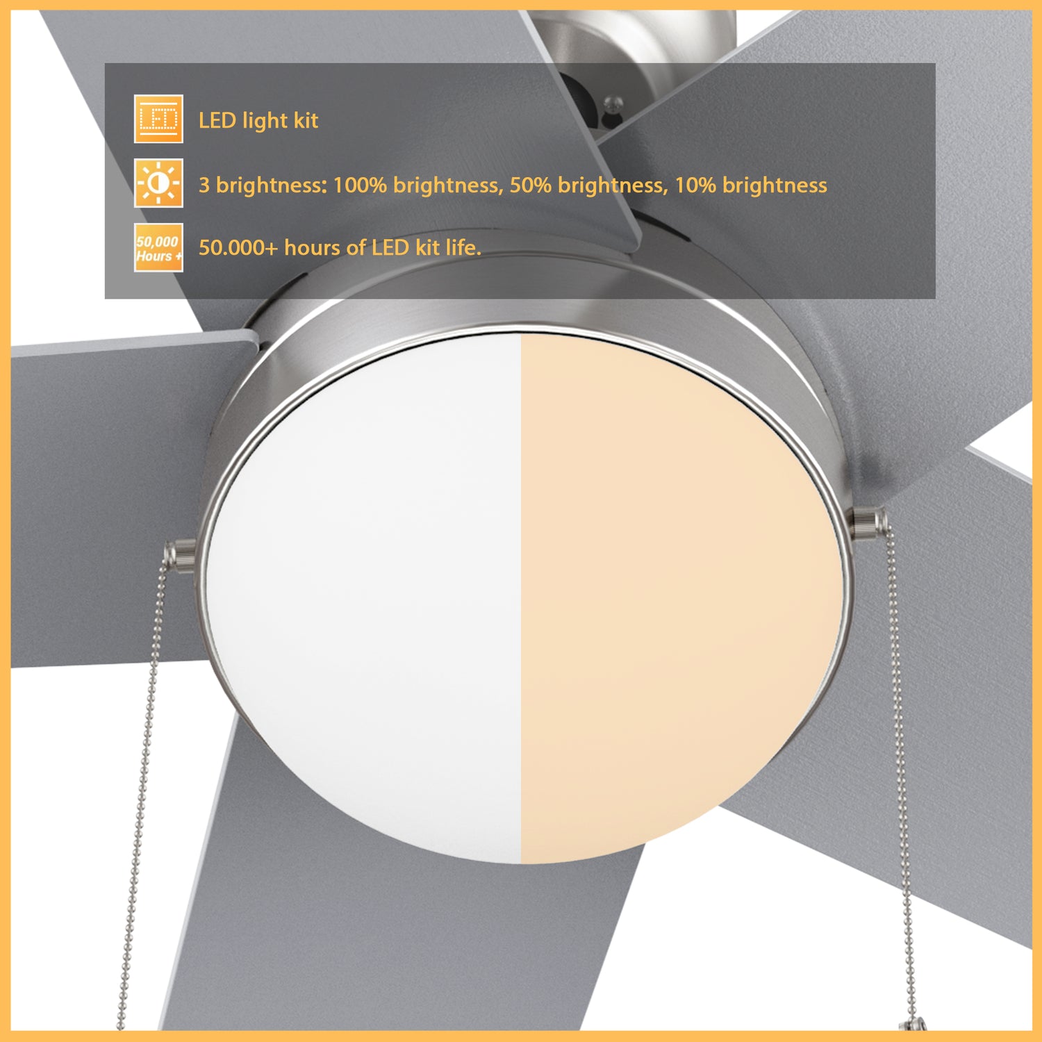 5 blades silver ceiling fan with LED light kit, 18 energy power, and 1300 lumens brightness output. With more than 50000 hours of LED kit life, this ceiling fan light provides 3 colors from 2700K warm light to 4000K cool light.