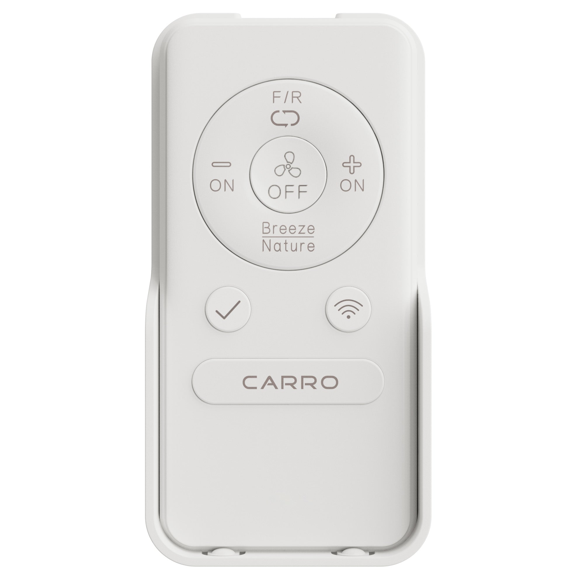 White Carro remote control for DC motor smart ceiling fans without light, featuring buttons for fan speed, reverse direction, Breeze/Nature modes, and smart control connectivity.