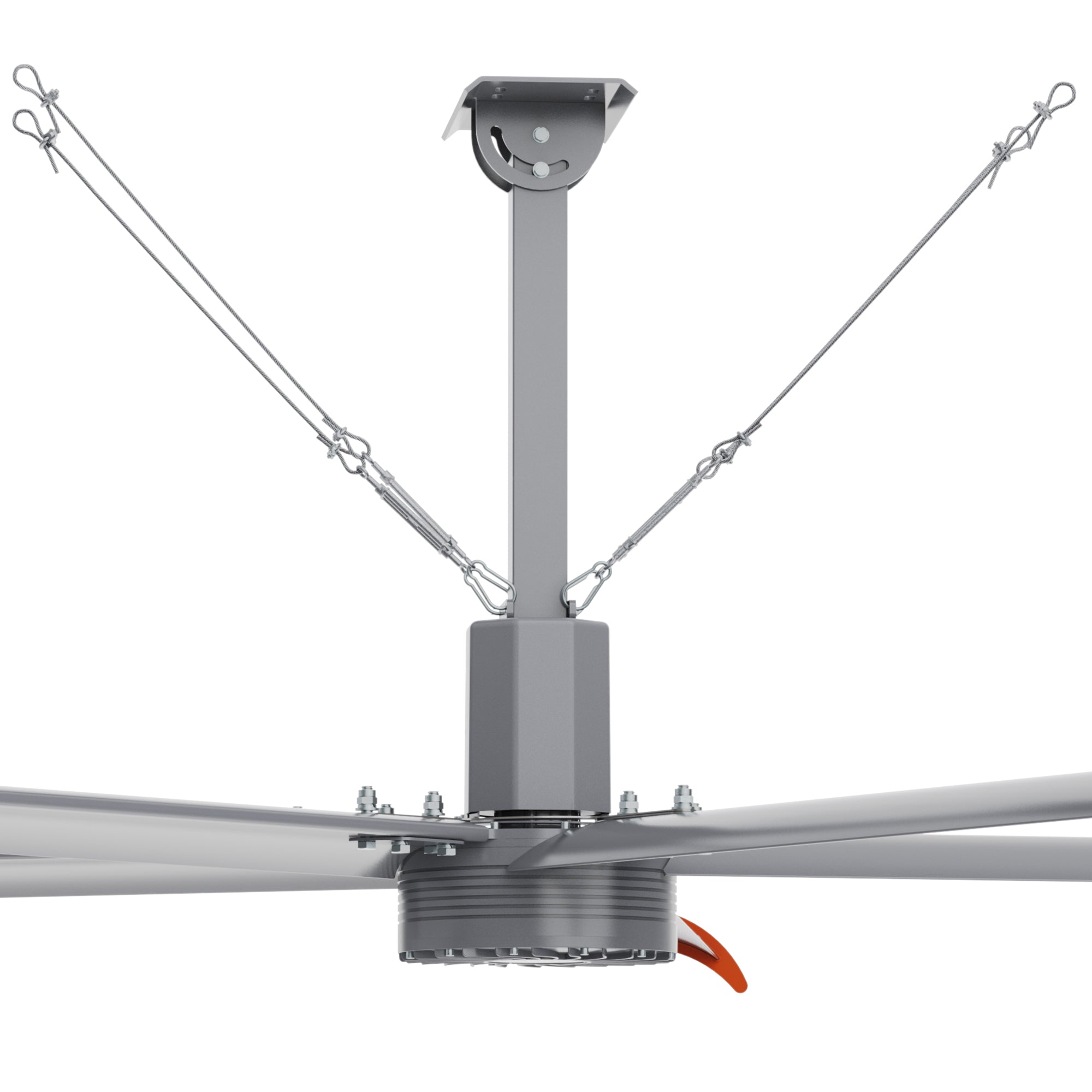 Close-up view of central hub of 12ft industrial fan with steel rope traction device.
