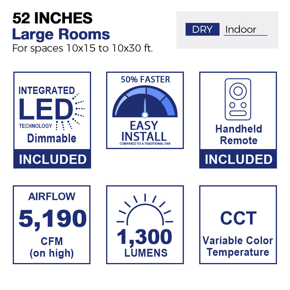 Diagram of a 52-inch ceiling fan designed for large indoor rooms measuring 10x15 to 10x30 feet, specifically for dry environments. The image illustrates a stylized living room layout with furniture, showcasing the fan&