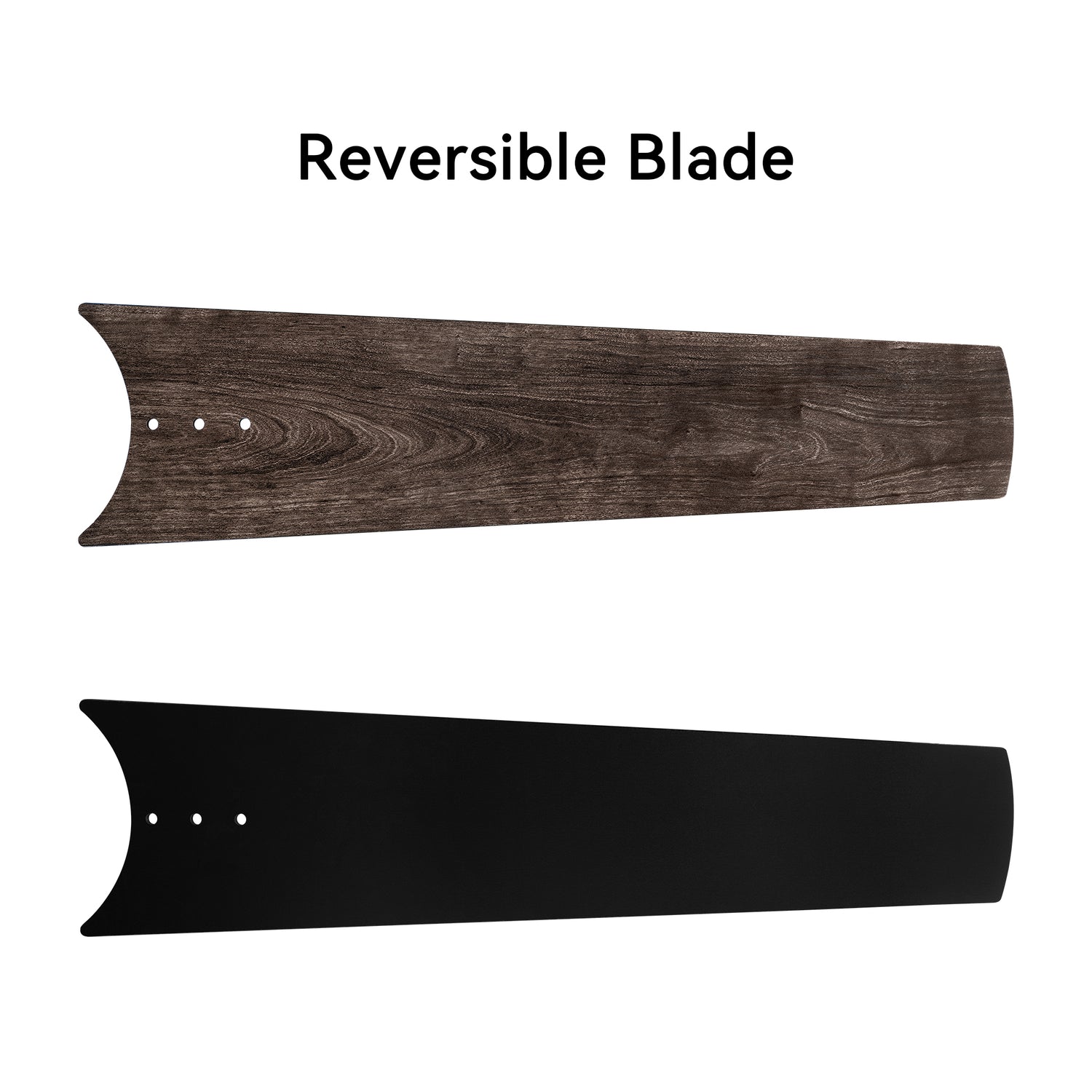 An image displaying two reversible blade finishes (dark wood and black), offering customizable aesthetics to match different interior styles.