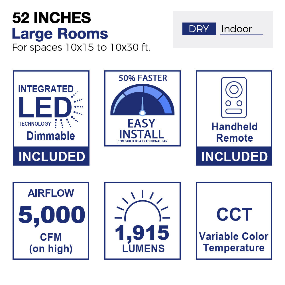 Diagram of a 52-inch ceiling fan designed for large indoor rooms measuring 10x15 to 10x30 feet, specifically for dry environments. The image illustrates a stylized living room layout with furniture, showcasing the fan&