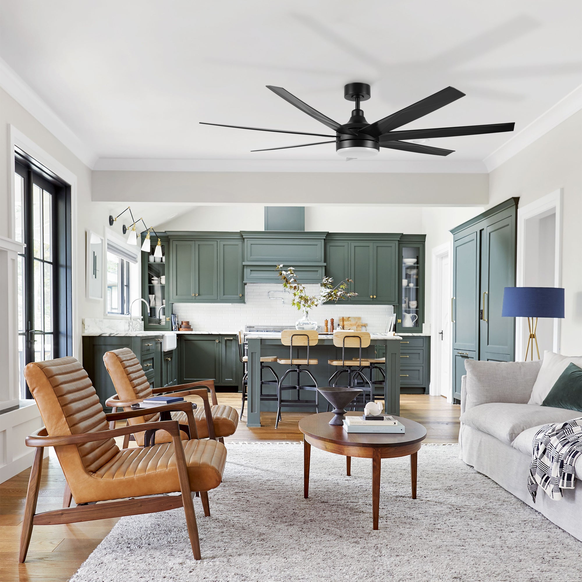 Modern living room featuring Daventry 65-inch ceiling fan with LED light and remote control, providing efficient air circulation in cozy indoor spaces.